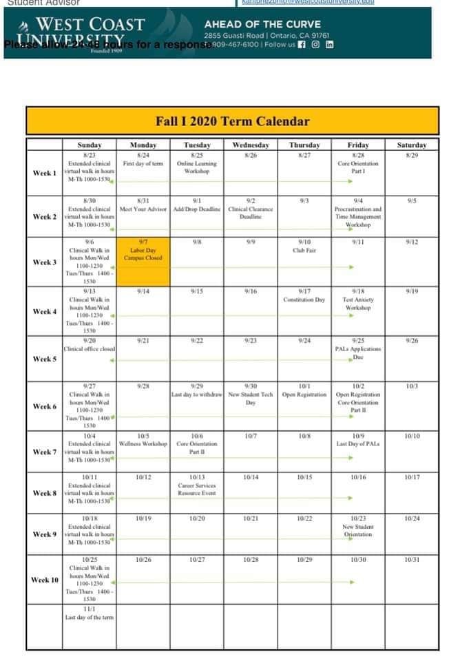 West Coast University example of proposed schedules? School, College